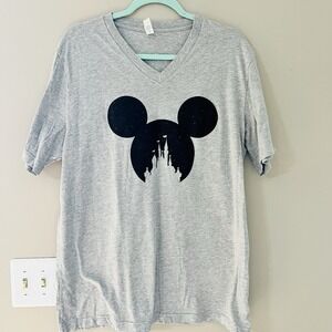 Disney Mickey Castle Shirt Womens XL Gray V Neck Graphic Tee Disneyland